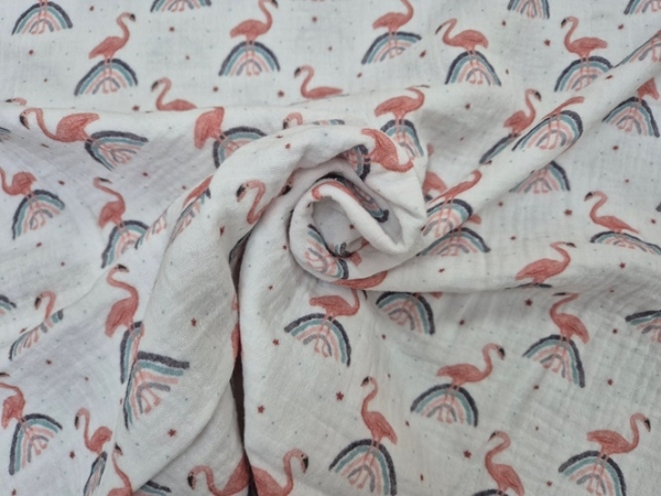 Regenbogen- Flamingo auf weiss-Traum- Musselin
